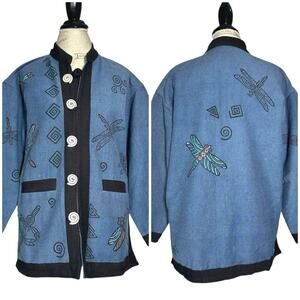 Venus Imports | Women | Blue Art To Wear Dragonfly Nehru Shirt Jacket | Medium